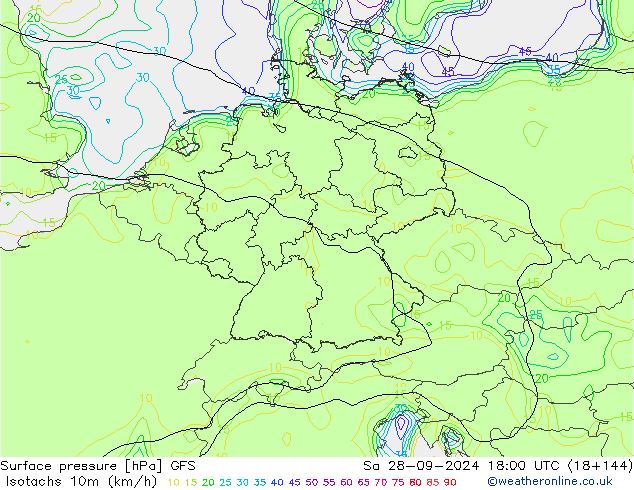 Isotachs (kph) GFS  28.09.2024 18 UTC