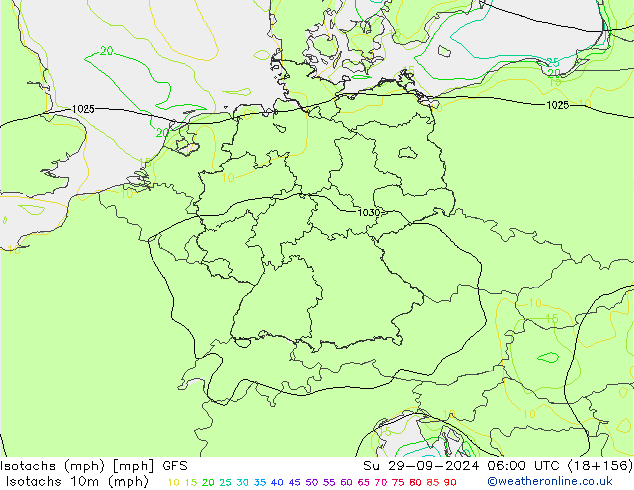 Isotachs (mph) GFS Вс 29.09.2024 06 UTC