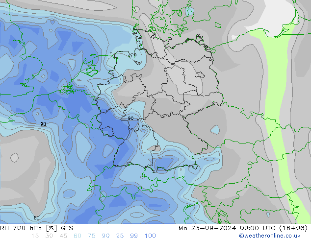 RH 700 hPa GFS pon. 23.09.2024 00 UTC