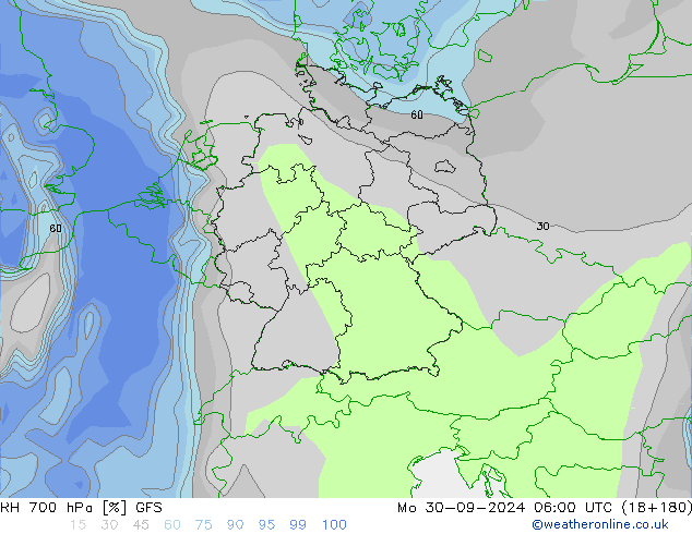 RH 700 hPa GFS Po 30.09.2024 06 UTC