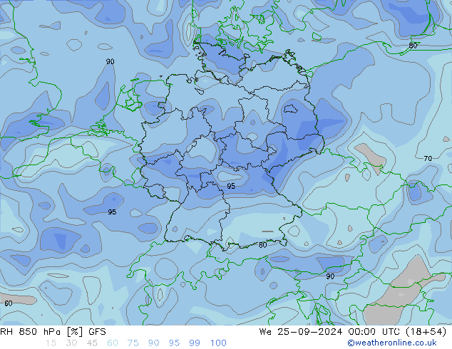 RH 850 hPa GFS śro. 25.09.2024 00 UTC