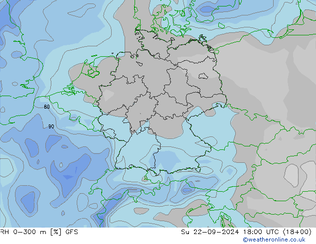 Humedad rel. 0-300m GFS dom 22.09.2024 18 UTC