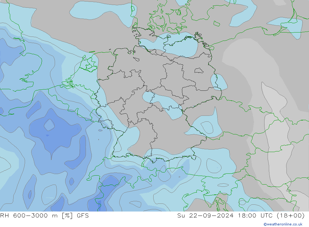 RH 600-3000 m GFS dom 22.09.2024 18 UTC