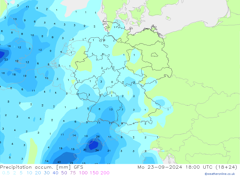 Precipitation accum. GFS Mo 23.09.2024 18 UTC