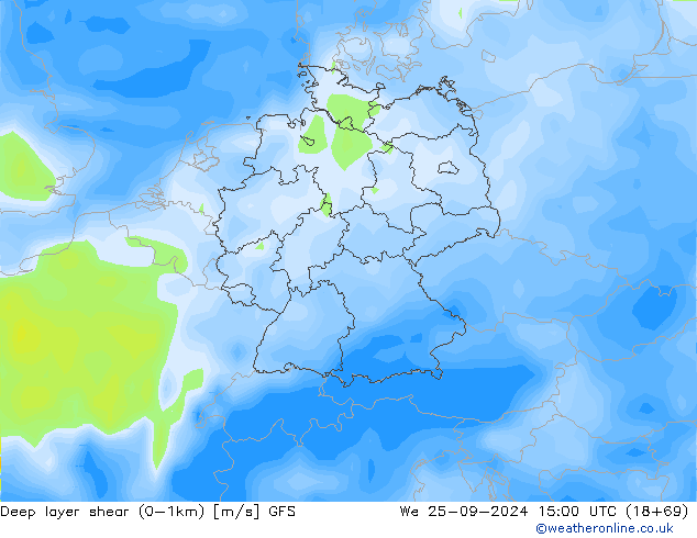 Deep layer shear (0-1km) GFS mié 25.09.2024 15 UTC