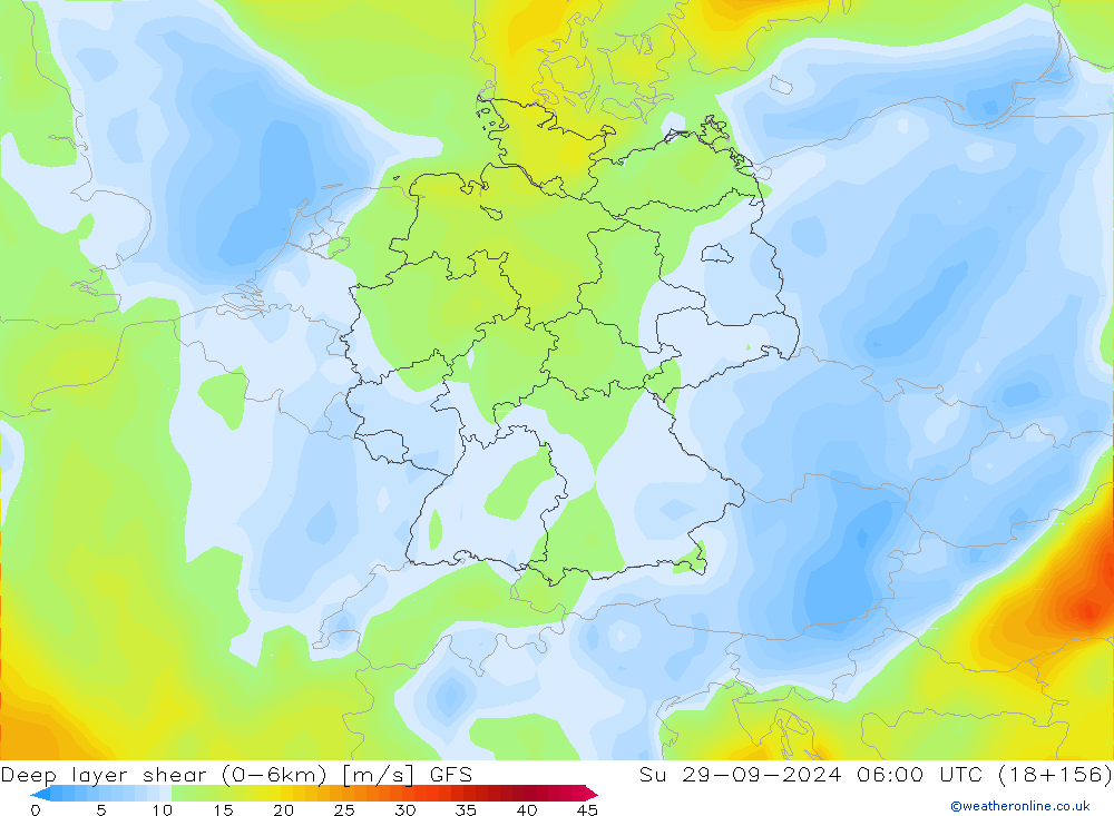 Deep layer shear (0-6km) GFS Dom 29.09.2024 06 UTC