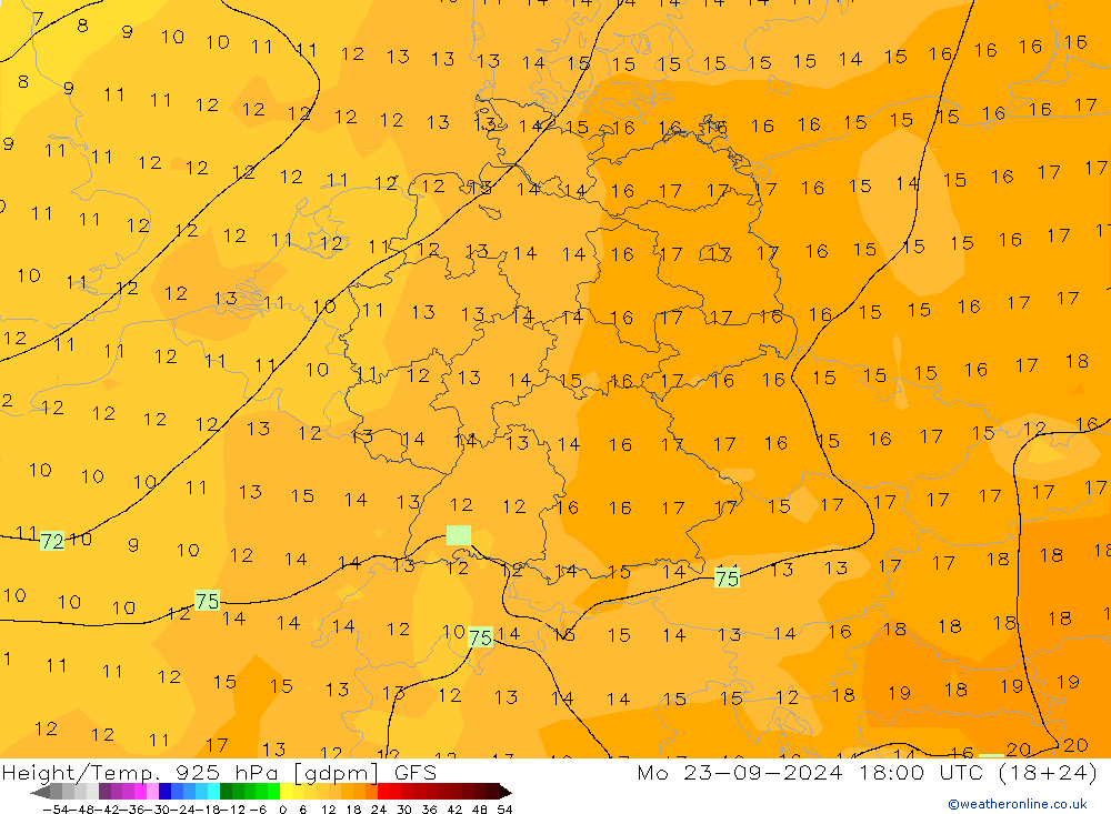 Géop./Temp. 925 hPa GFS lun 23.09.2024 18 UTC