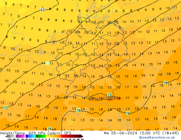 Height/Temp. 925 hPa GFS Qua 25.09.2024 12 UTC