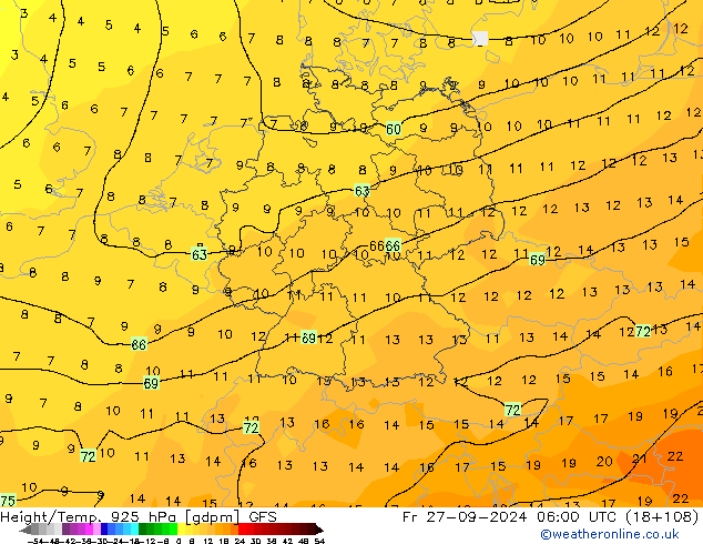 Height/Temp. 925 hPa GFS Pá 27.09.2024 06 UTC