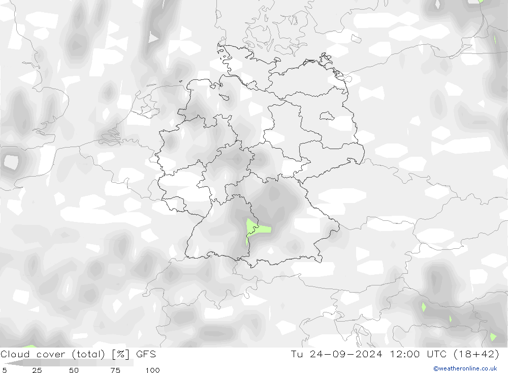 Cloud cover (total) GFS Tu 24.09.2024 12 UTC