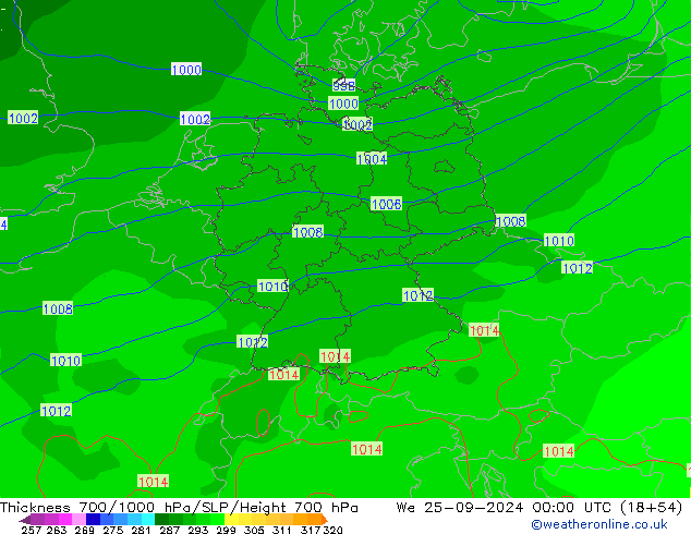 Espesor 700-1000 hPa GFS mié 25.09.2024 00 UTC