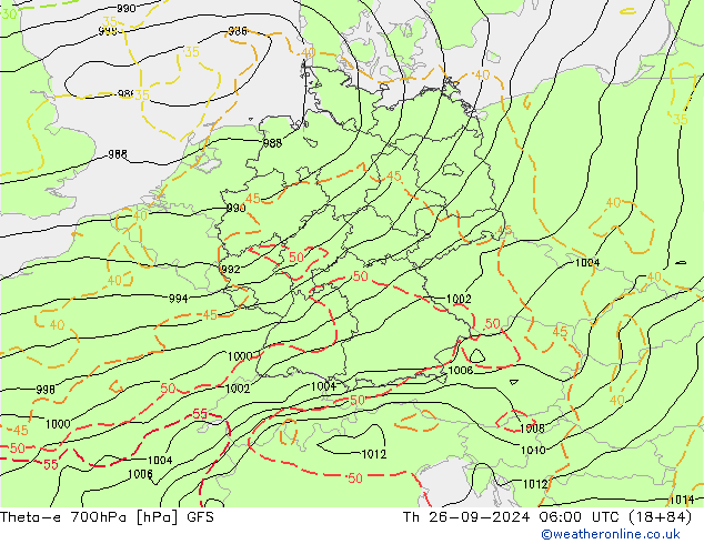 Theta-e 700hPa GFS czw. 26.09.2024 06 UTC