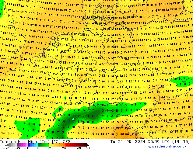 Temperature High (2m) GFS Tu 24.09.2024 03 UTC