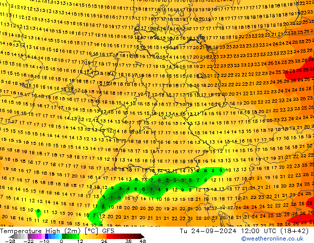 Темпер. макс 2т GFS вт 24.09.2024 12 UTC