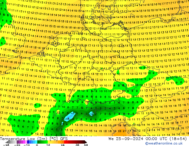 Min. Temperatura (2m) GFS śro. 25.09.2024 00 UTC