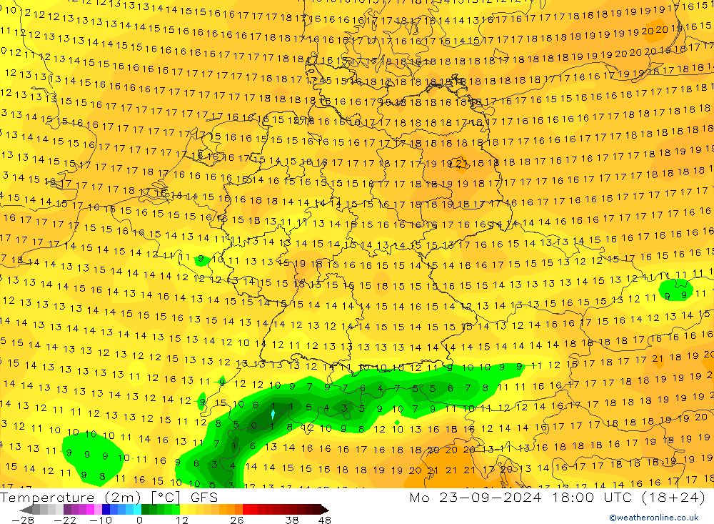 Temperature (2m) GFS Mo 23.09.2024 18 UTC