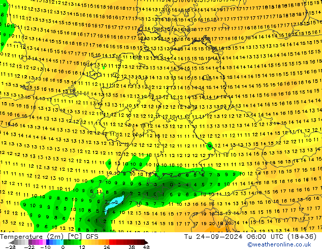 Temperaturkarte (2m) GFS Di 24.09.2024 06 UTC