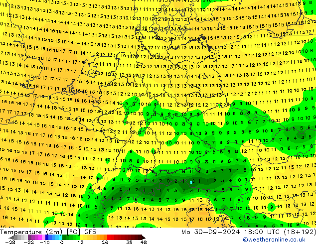 Temperatura (2m) GFS lun 30.09.2024 18 UTC