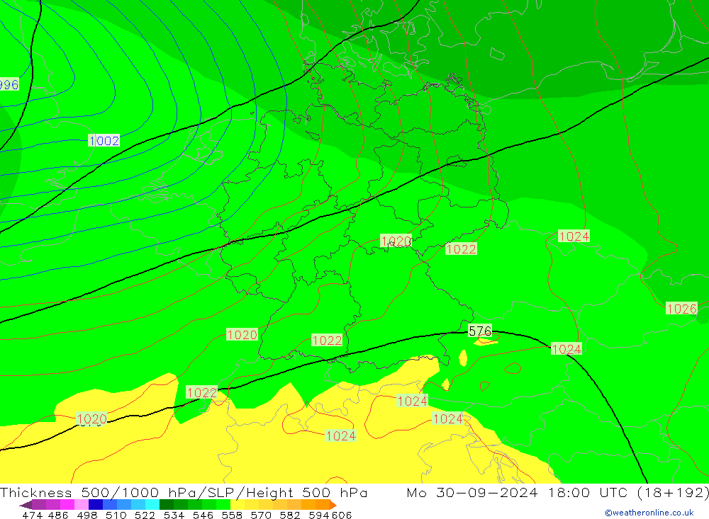 Espesor 500-1000 hPa GFS lun 30.09.2024 18 UTC