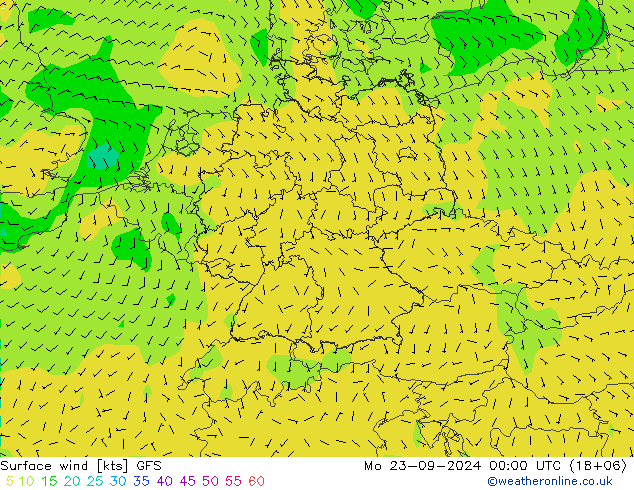 Prec 6h/Wind 10m/950 GFS Mo 23.09.2024 00 UTC