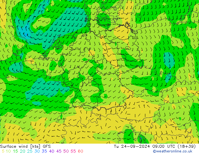 Wind 10 m GFS di 24.09.2024 09 UTC