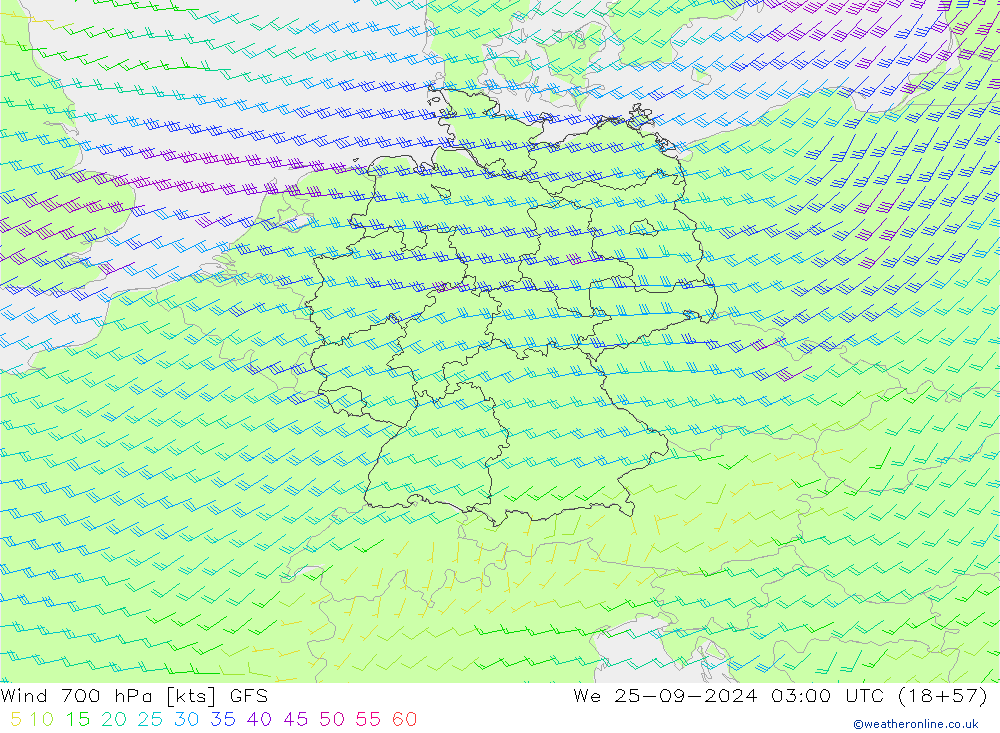 Vento 700 hPa GFS Qua 25.09.2024 03 UTC