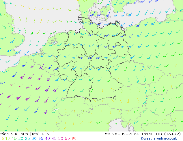 Wind 900 hPa GFS We 25.09.2024 18 UTC