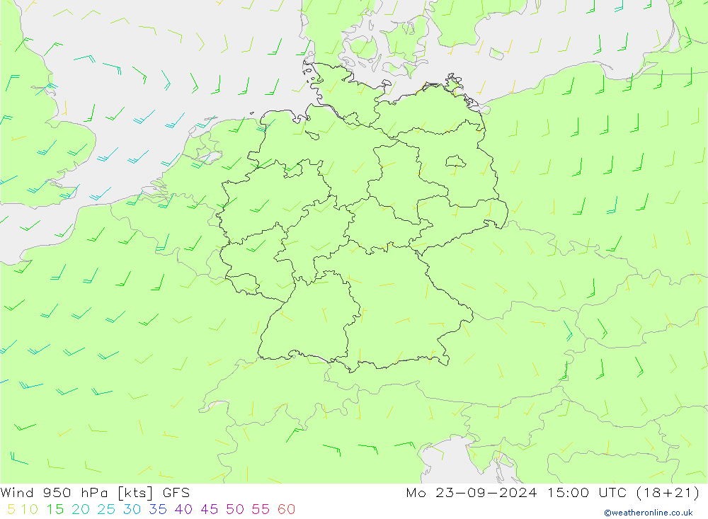 Vento 950 hPa GFS lun 23.09.2024 15 UTC