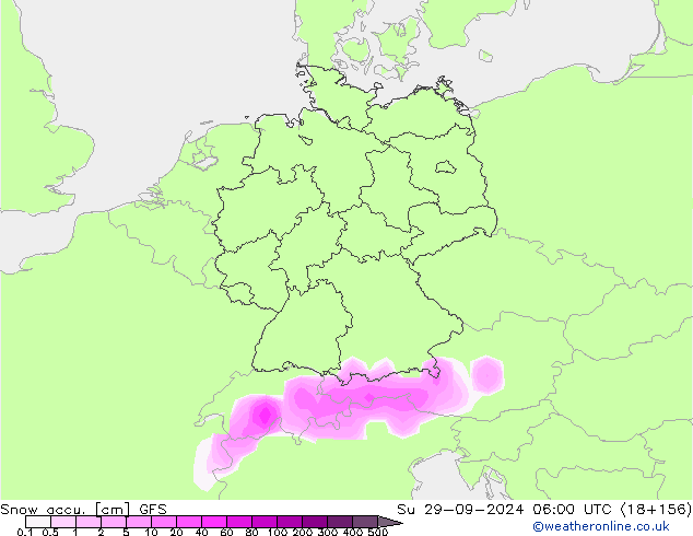 Глубина снега GFS Вс 29.09.2024 06 UTC