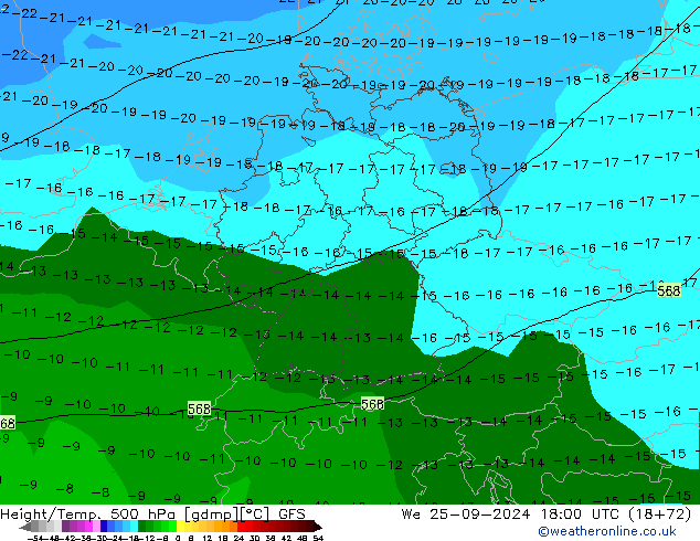 Height/Temp. 500 hPa GFS Mi 25.09.2024 18 UTC