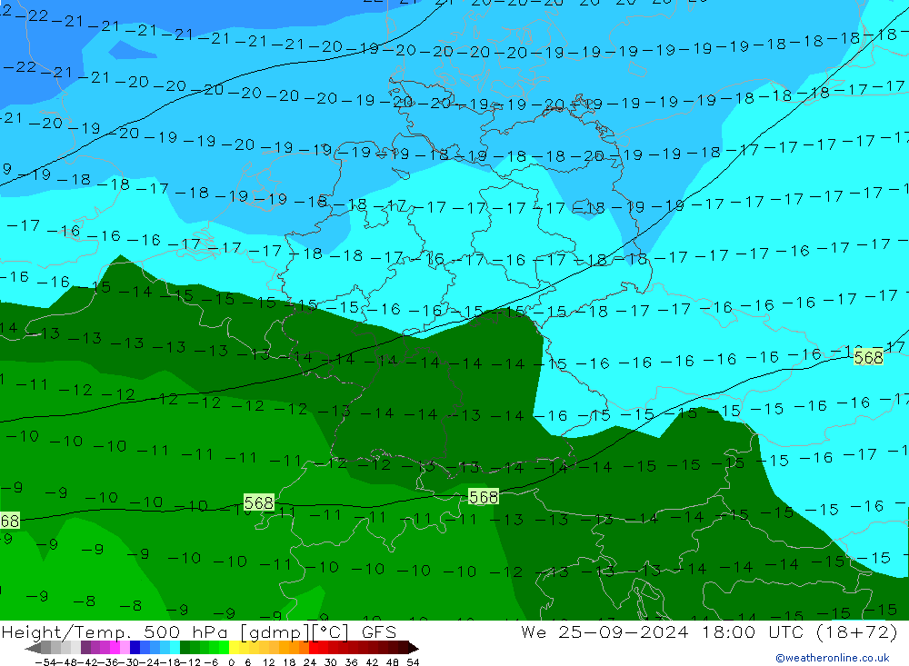 Height/Temp. 500 hPa GFS St 25.09.2024 18 UTC