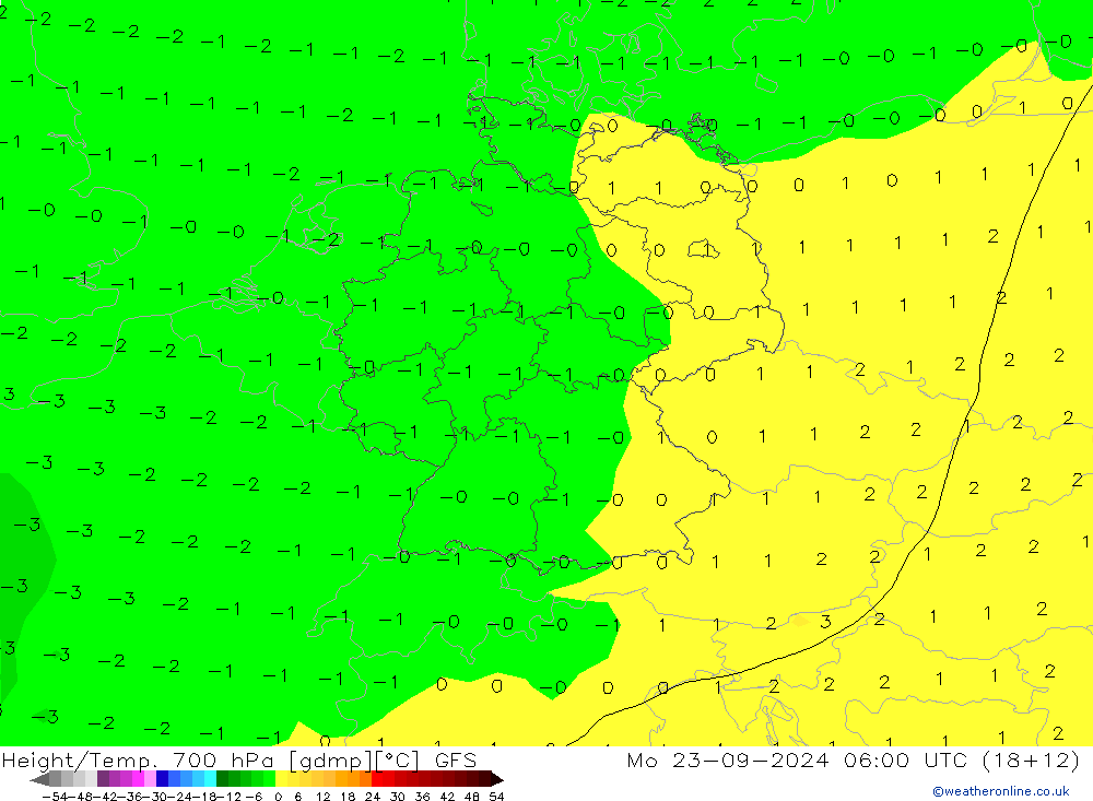 Height/Temp. 700 hPa GFS 星期一 23.09.2024 06 UTC