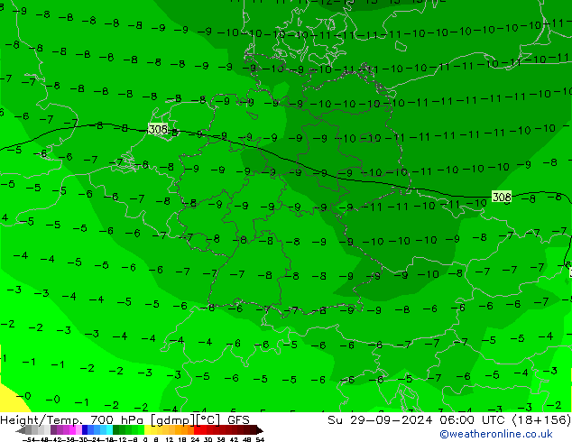 Height/Temp. 700 hPa GFS So 29.09.2024 06 UTC