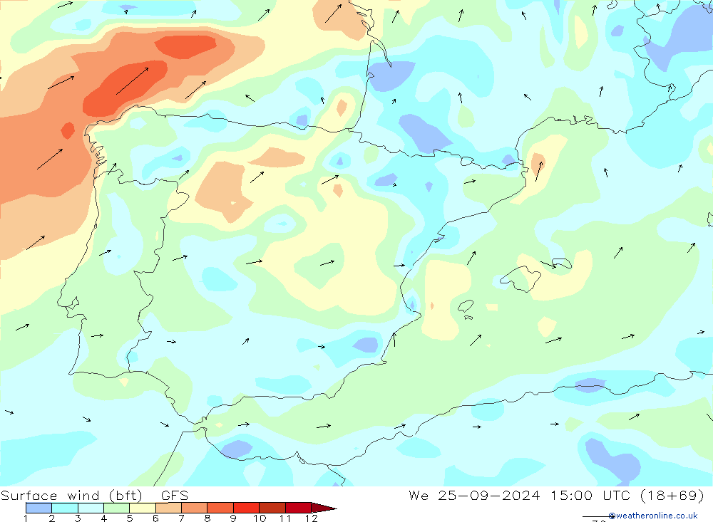  10 m (bft) GFS  25.09.2024 15 UTC