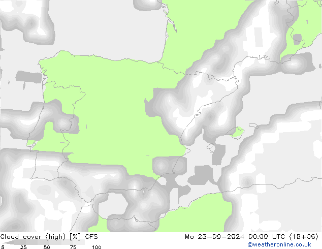 Cloud cover (high) GFS Mo 23.09.2024 00 UTC