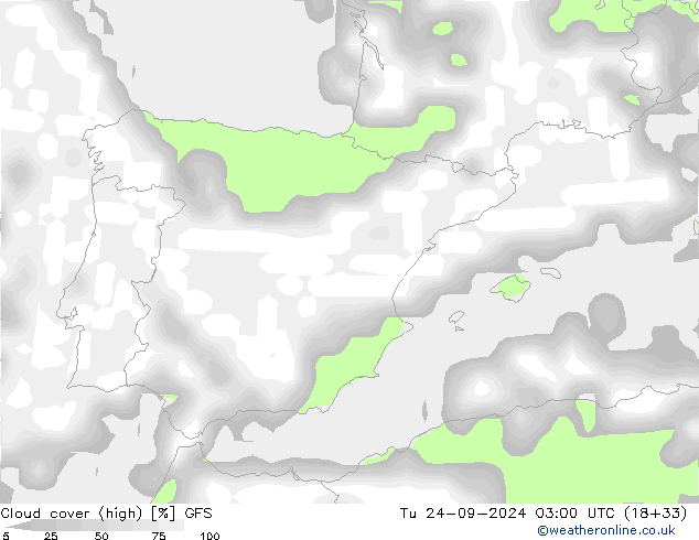 Cloud cover (high) GFS Tu 24.09.2024 03 UTC