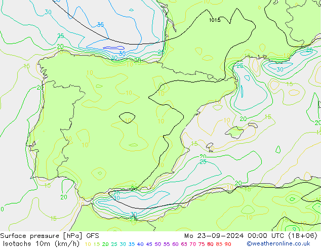 Isotachs (kph) GFS Mo 23.09.2024 00 UTC