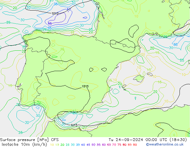 Isotachs (kph) GFS Tu 24.09.2024 00 UTC