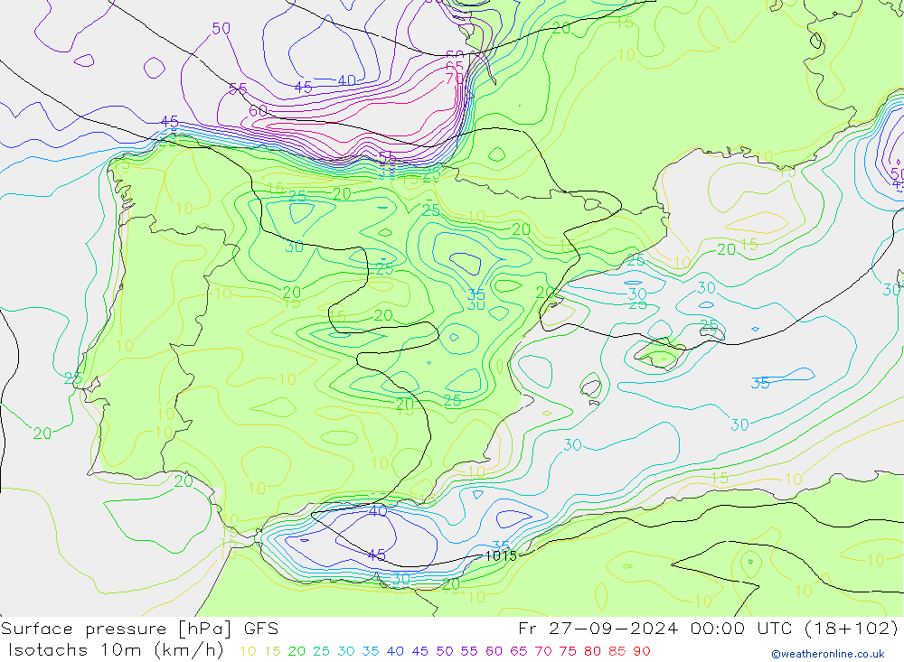 Isotachs (kph) GFS Sex 27.09.2024 00 UTC