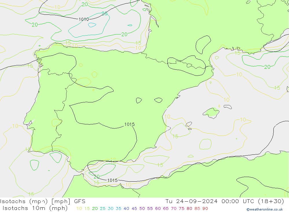 Isotachen (mph) GFS di 24.09.2024 00 UTC