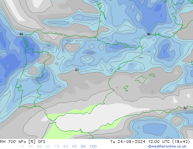 RH 700 hPa GFS Út 24.09.2024 12 UTC