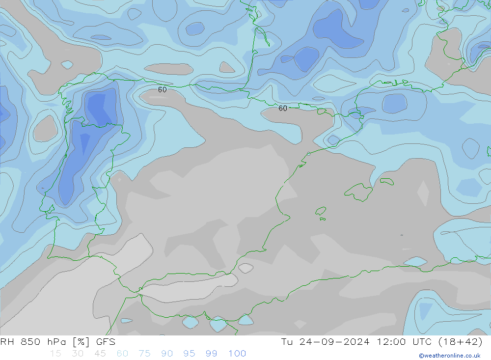 RH 850 hPa GFS Út 24.09.2024 12 UTC