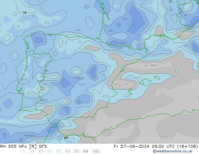 RH 925 гПа GFS пт 27.09.2024 06 UTC