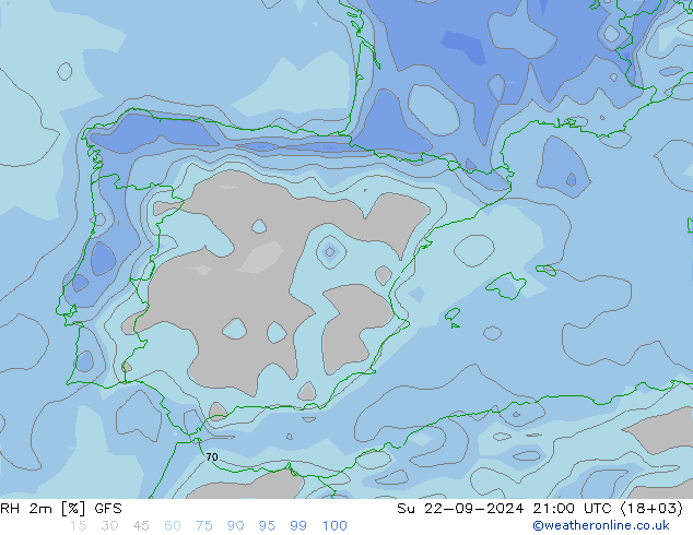 Humidité rel. 2m GFS dim 22.09.2024 21 UTC