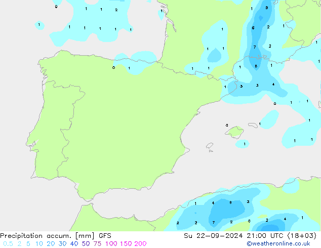 Totale neerslag GFS zo 22.09.2024 21 UTC