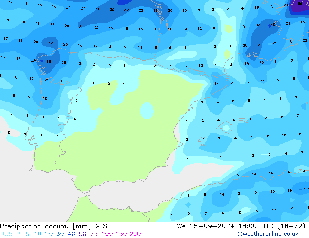 Precipitation accum. GFS We 25.09.2024 18 UTC