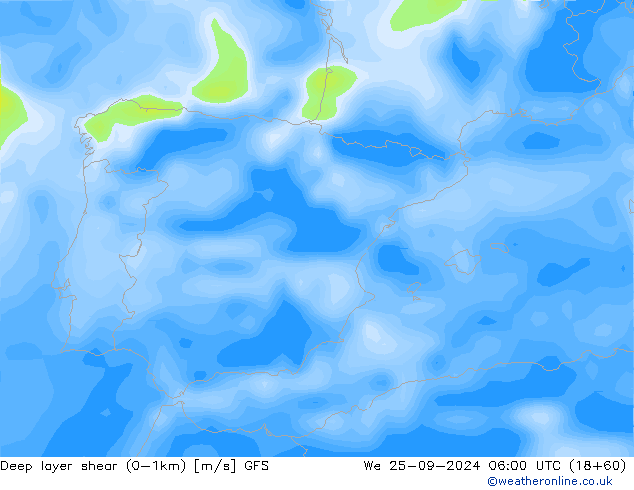 Deep layer shear (0-1km) GFS  25.09.2024 06 UTC