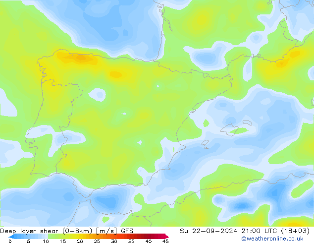 Deep layer shear (0-6km) GFS dim 22.09.2024 21 UTC