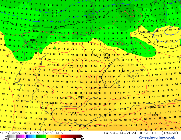 SLP/Temp. 850 hPa GFS Di 24.09.2024 00 UTC