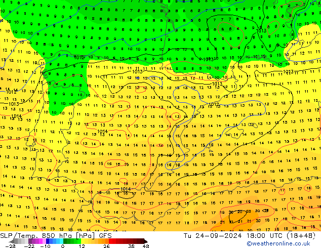 SLP/Temp. 850 hPa GFS Út 24.09.2024 18 UTC